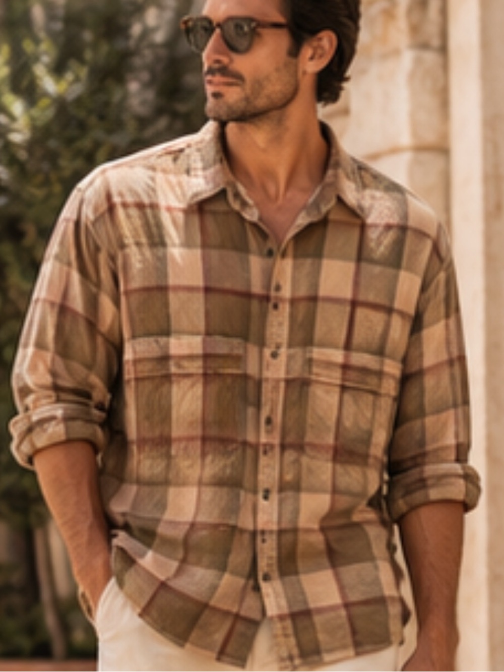 Vintage Valentino Uomo Plaid Shirt XL Brown Tan Olive Burgundy 90s
